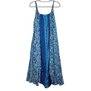 Sundance Blue Patchwork Bohemian Maxi Tank Dress Sleeveless Coastal Medium